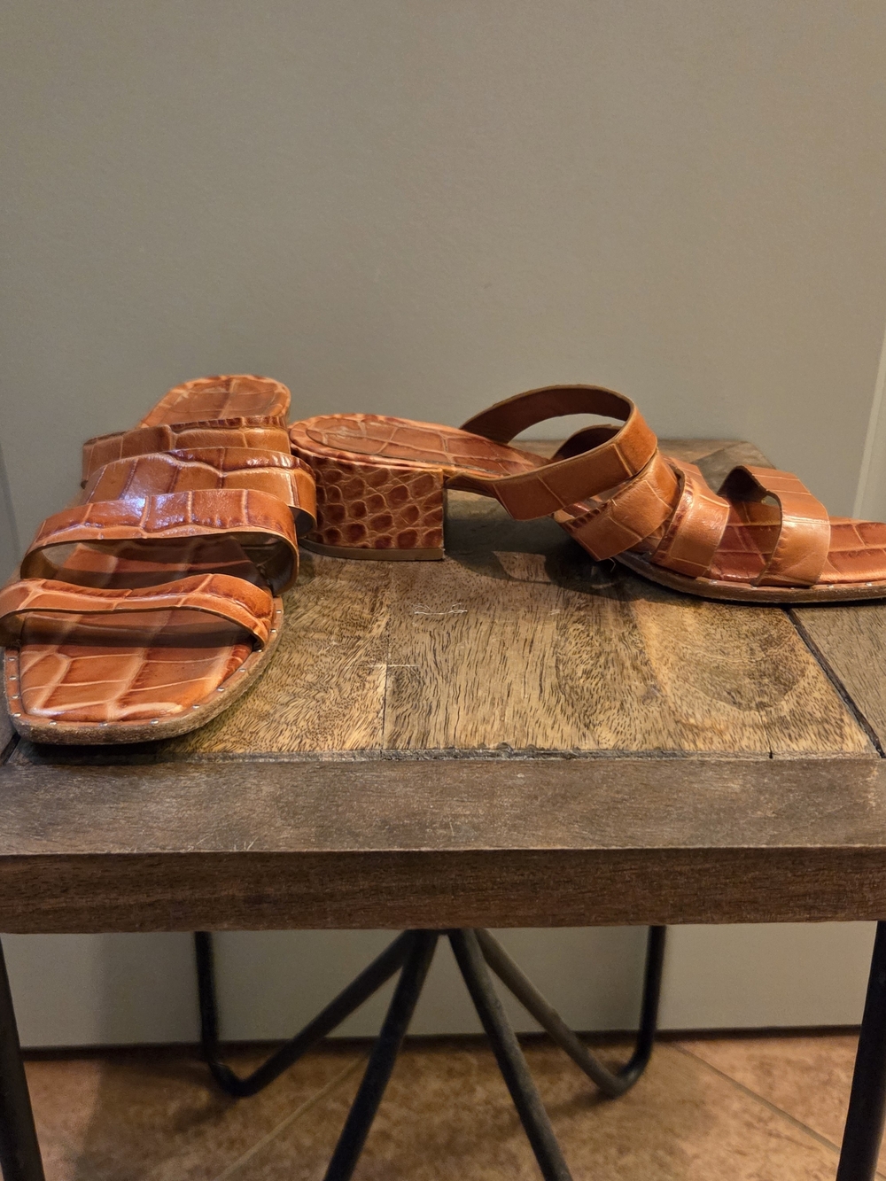Freda Salvador Croc-Embossed Cognac Leather Slide Sandals